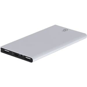 A power bank in silver, featuring multiple charging ports and a subtle branding logo on the side.