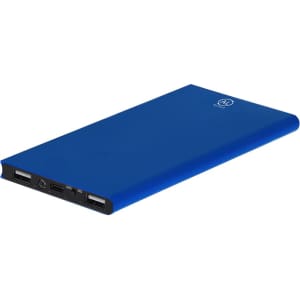 A blue power bank with multiple ports and a logo on the surface.