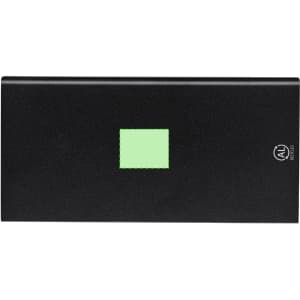 A black power bank with a rectangular shape and a green square indicator, featuring a logo.