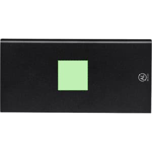A black power bank with a green square and a logo, featuring a sleek and minimalist design.