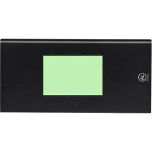 A black power bank with a rectangular green display section and a logo.