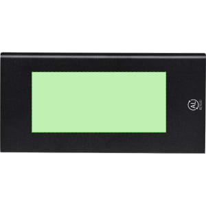 A black power bank with a rectangular design and a green display area. It features a logo.