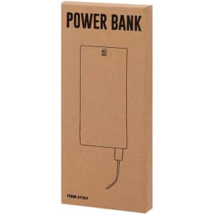 A power bank in a brown cardboard packaging, featuring a simple design and a charging cable. It has a logo on the package.