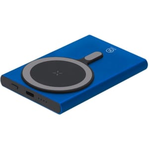 A blue power bank featuring a circular wireless charging pad and a logo on the surface.