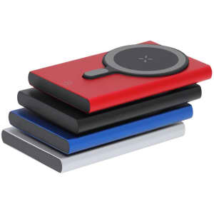 A stack of four power banks in red, black, blue, and white, featuring a circular charging pad on top.
