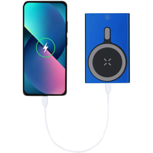 A blue Bertex power bank connected to a smartphone, displaying a charging symbol on the screen.