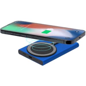 A blue Bertex Power Bank is shown wirelessly charging a smartphone, with a logo visible on the power bank.
