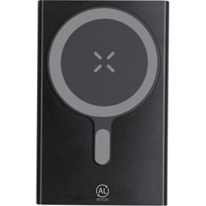 A black power bank with a circular charging area and a logo, featuring a sleek, minimalist design.