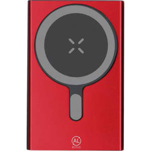 A red Bertex Power Bank with a circular wireless charging pad and a logo on the front.