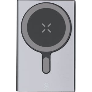 A power bank in silver with a circular grey wireless charging surface on top and a small logo at the bottom.