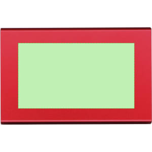 A red power bank with a green display area, featuring a logo on one side.