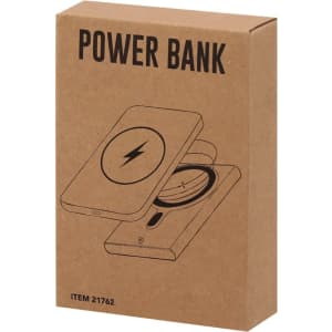 A power bank in a brown cardboard box featuring a simple graphic design and a logo.