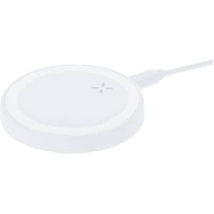 A wireless charger in white with a simple circular design and a cable connected. It features a logo.