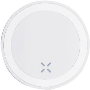 A round white wireless charger with a simple design and a small logo on the surface.