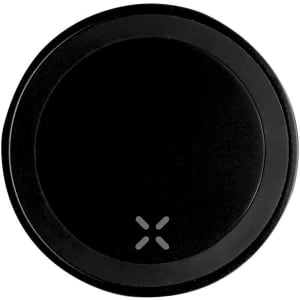 A black wireless charger with a sleek, circular design. It features a logo on the surface.