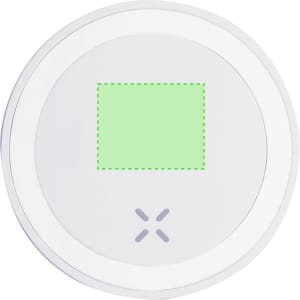 A white wireless charger with a circular design and a rectangular charging area in the centre. It has a logo.
