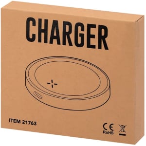 A wireless charger in a round design, presented in a simple brown cardboard packaging with a logo.