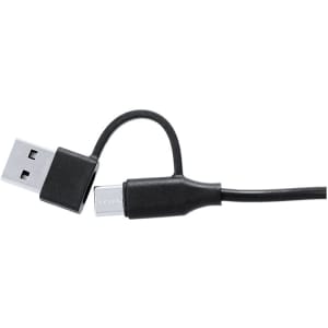 A black USB cable with a standard USB connector and a smaller connector. It features a smooth, flexible design.