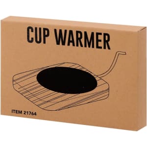 A cup warmer in a simple cardboard box with a drawing of the product and a logo. The box is brown.