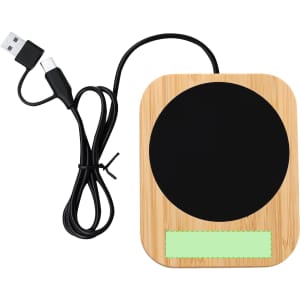 A cup warmer with a wooden bamboo base, featuring a black heating surface and a USB-C connection cable.