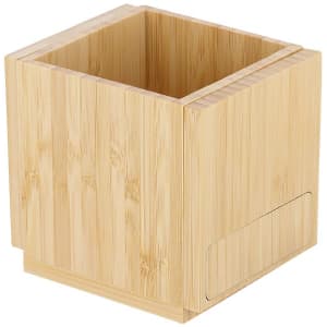 A bamboo pencil holder with a square design and a small cut-out for easy access, showcasing natural wood tones.