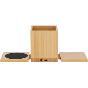 A bamboo multifunction pencil holder with a wireless charging base and two side compartments. It features a logo.