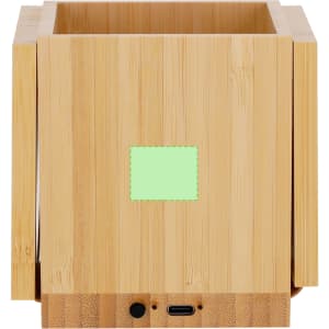 A bamboo multifunction pencil holder with a wireless charger feature and a branding logo at the front.