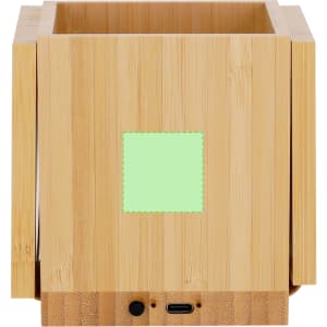 A bamboo multifunction pencil holder featuring a square cutout and a port at the base for charging devices.