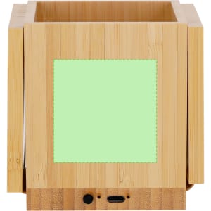 A bamboo multifunction pencil holder in natural wood finish with a green accent panel and a charging port at the base.