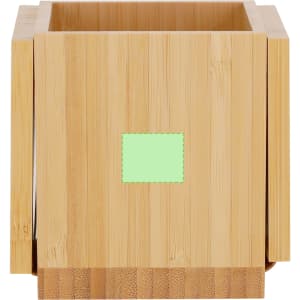 A bamboo multifunction pencil holder with a square design and a green accent. Features a simple, natural aesthetic.