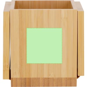A bamboo multifunction pencil holder in natural wood tones with a green panel, featuring a logo on the side.