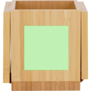 A bamboo pencil holder with a green accent panel and a wooden base. It features a logo on one side.