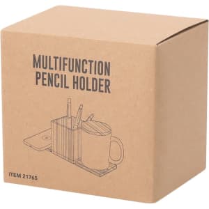 A brown box with a simple illustration of a multifunction pencil holder and a mug, featuring a logo.