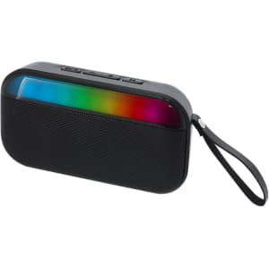 A portable black speaker with a colourful LED light bar on top and a wrist strap for easy carrying.