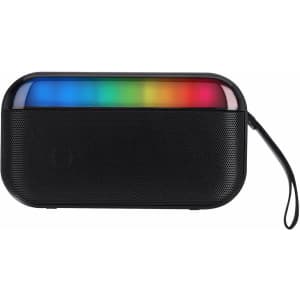 A black speaker with a multi-coloured light strip on top and a wrist strap. It has a sleek, modern design.