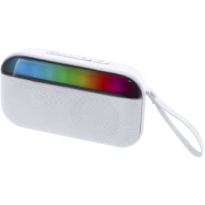 A white portable speaker with a vibrant, multicoloured light strip and a wrist strap. It features a textured finish and branding.