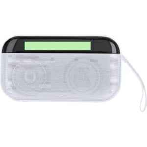 A white speaker with a sleek black top and a wrist strap, featuring two speakers and a logo.