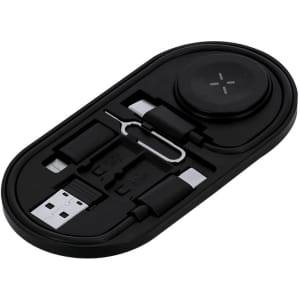 A charging cable set in black, featuring multiple connectors and a USB port, arranged in a compact holder with a logo.