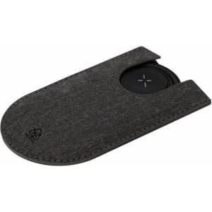 A grey charging cable set with a textured pouch and black charging connector, featuring a logo on the pouch.