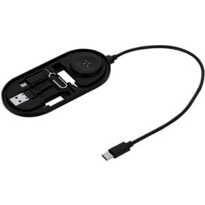 A black charging cable set with various connectors and a built-in logo, featuring a compact design for easy storage.