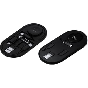 A black charging cable set with multiple connectors housed in a sleek oval case, featuring a logo.