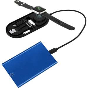 A blue power bank with a USB connection, featuring a wireless charger for a black smartwatch and additional accessories.