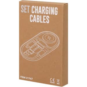 A cardboard box containing a set of charging cables, featuring an outline design and a logo.