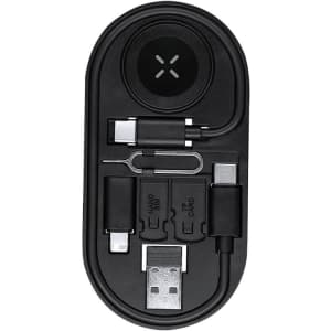 A black charging cable set featuring multiple connectors, neatly organised in an oval storage case.