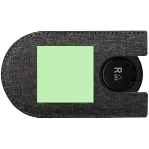 A grey fabric charging cable set with a circular charger, featuring a branding logo and a green accent square.