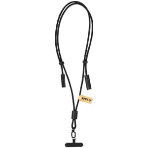 A black charging cable with a lanyard design and connectors at both ends. It includes a branding tag.