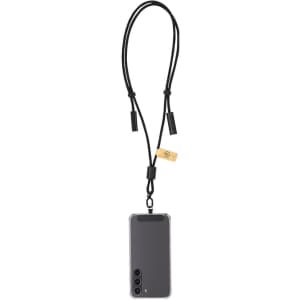A black charging cable holder with a lanyard attachment, designed for smartphones. Features a logo.