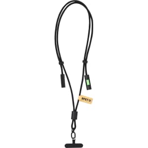 A black charging cable with a lanyard-style design, featuring two connectors and a tag.