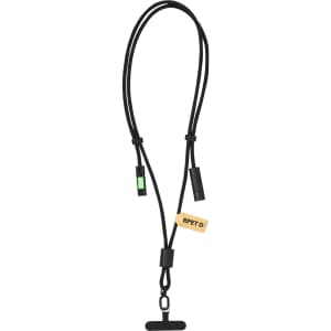 A black charging cable holder featuring two connectors and a loop, made from RPET material. It has a small branding tag.