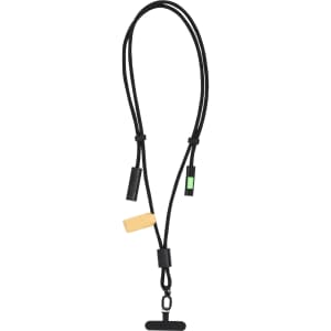 A black charging cable with adjustable lengths and colourful accents, designed for holding devices.